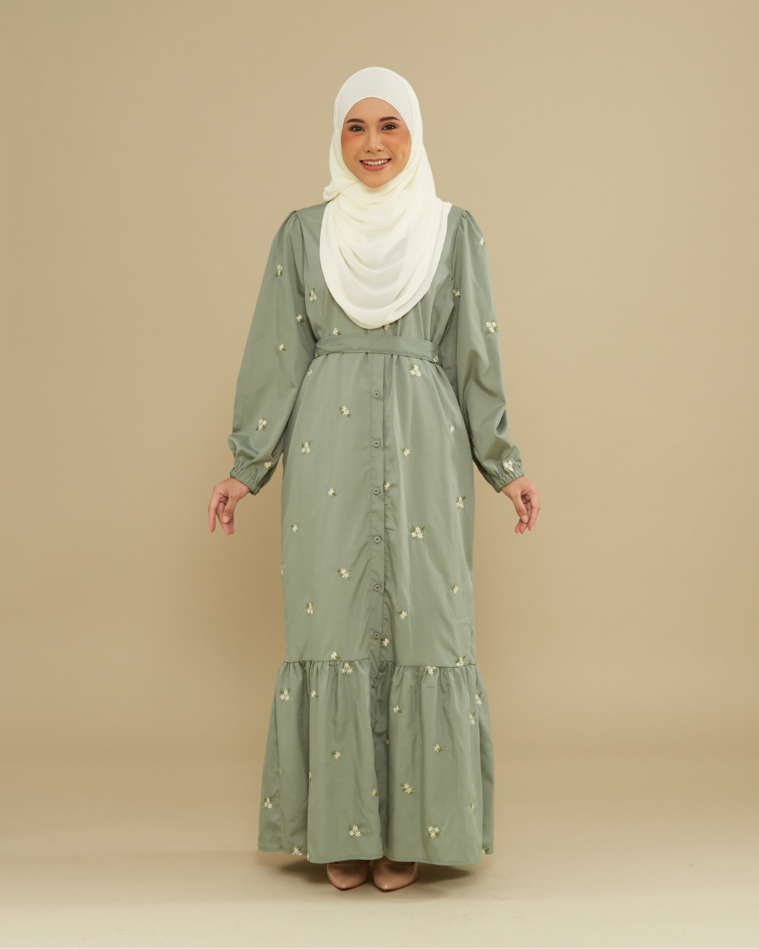 Naeema Embroidery Dress - Green Tea