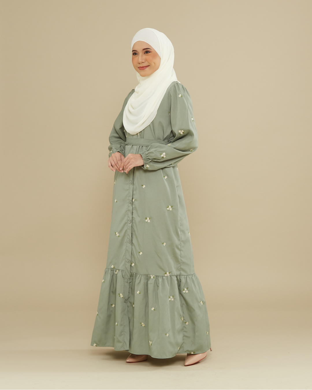 Naeema Embroidery Dress - Green Tea
